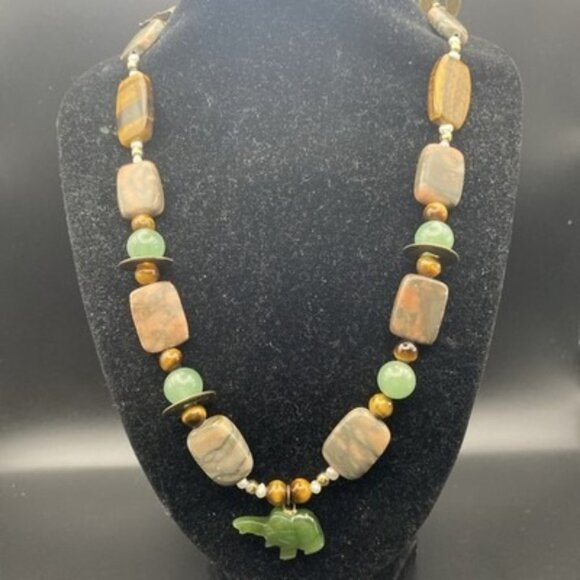 Artisan Jewelry - Rainforest Jasper Aventurine Tiger Eye Bead Necklace 22" Elephant Coin 66g Boho